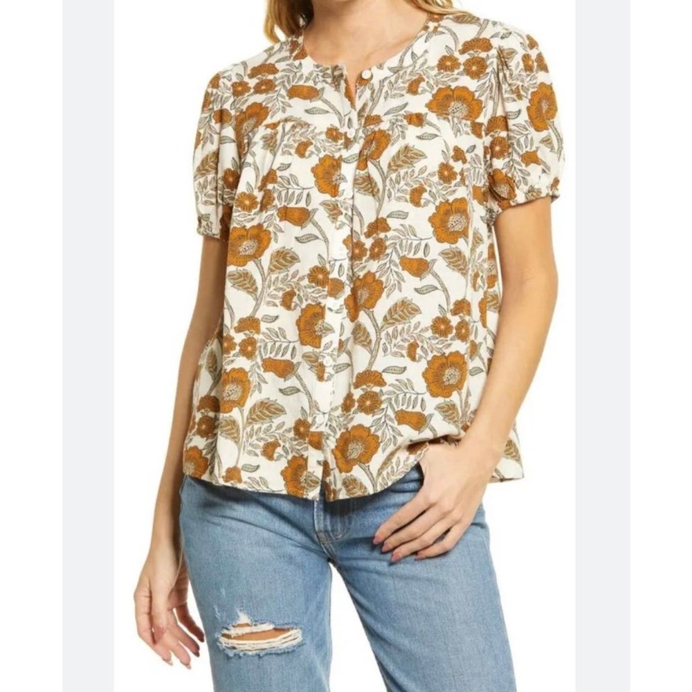 Faherty Cream Floral Button-Front Blouse with Mustard Flowers